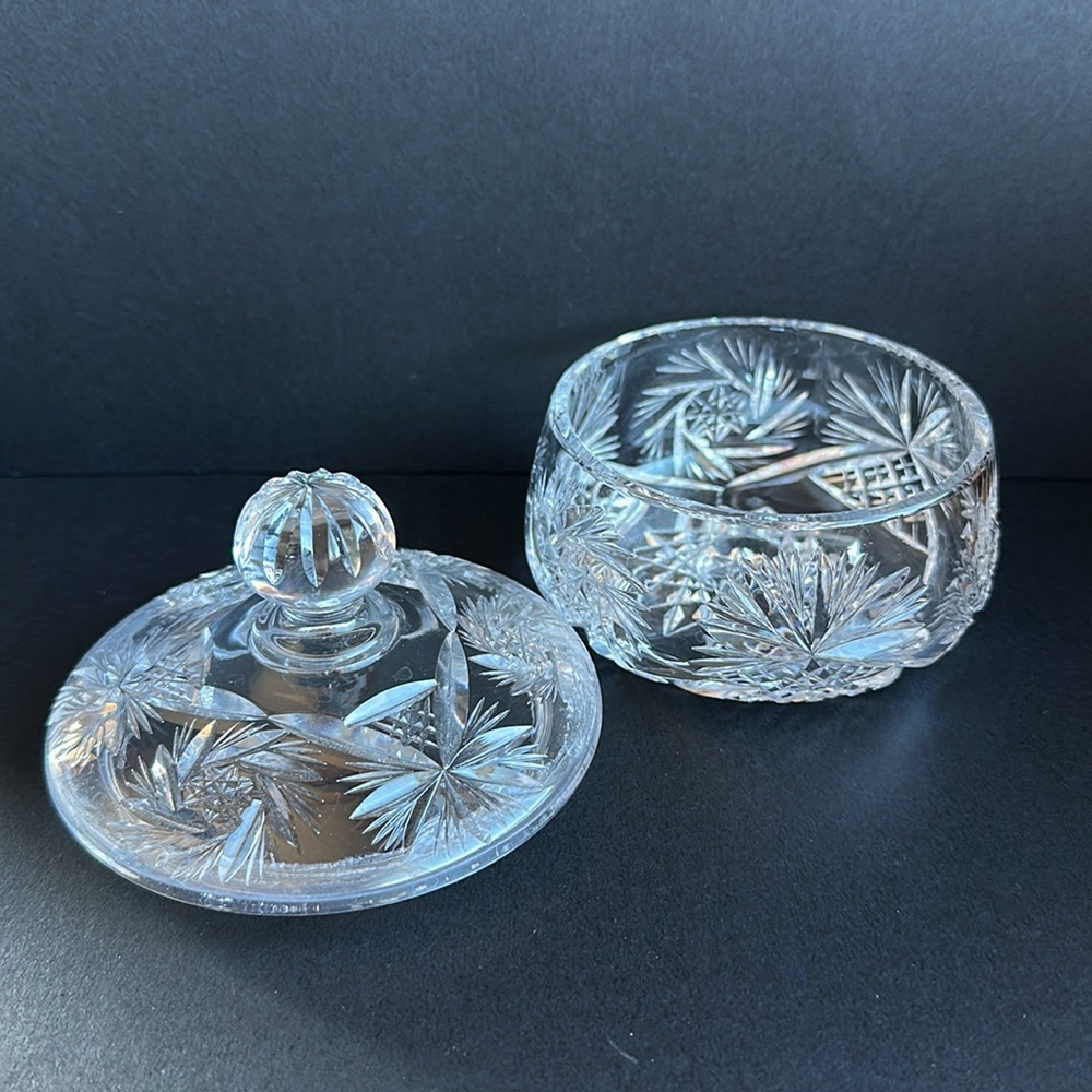 VTG Hand Cut Crystal Round Glass Jar Candy Dish & Lid 2”H x 3.5” Diameter